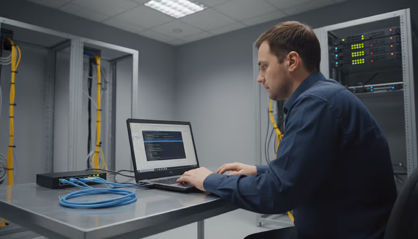 Person sitting at a desk troubleshooting network issues on a laptop with Command Prompt open next to a small network switch with connected Ethernet cables