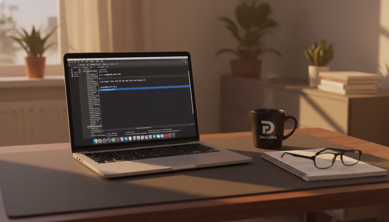 Developer workspace with laptop showing terminal SSH connection notepad and coffee cup in home office setting