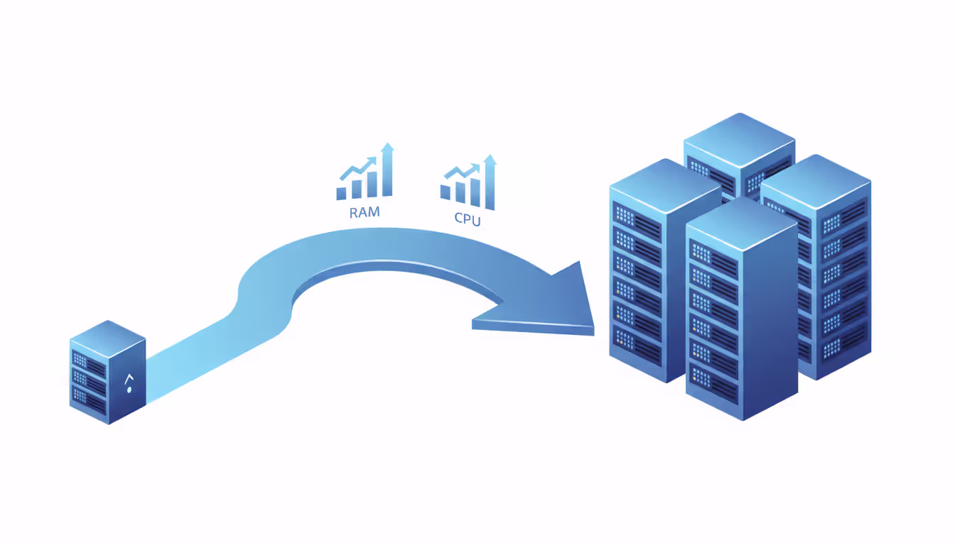 Growth and scaling concept showing small server connected by upward arrow to larger server cluster with increasing RAM and CPU bar indicators