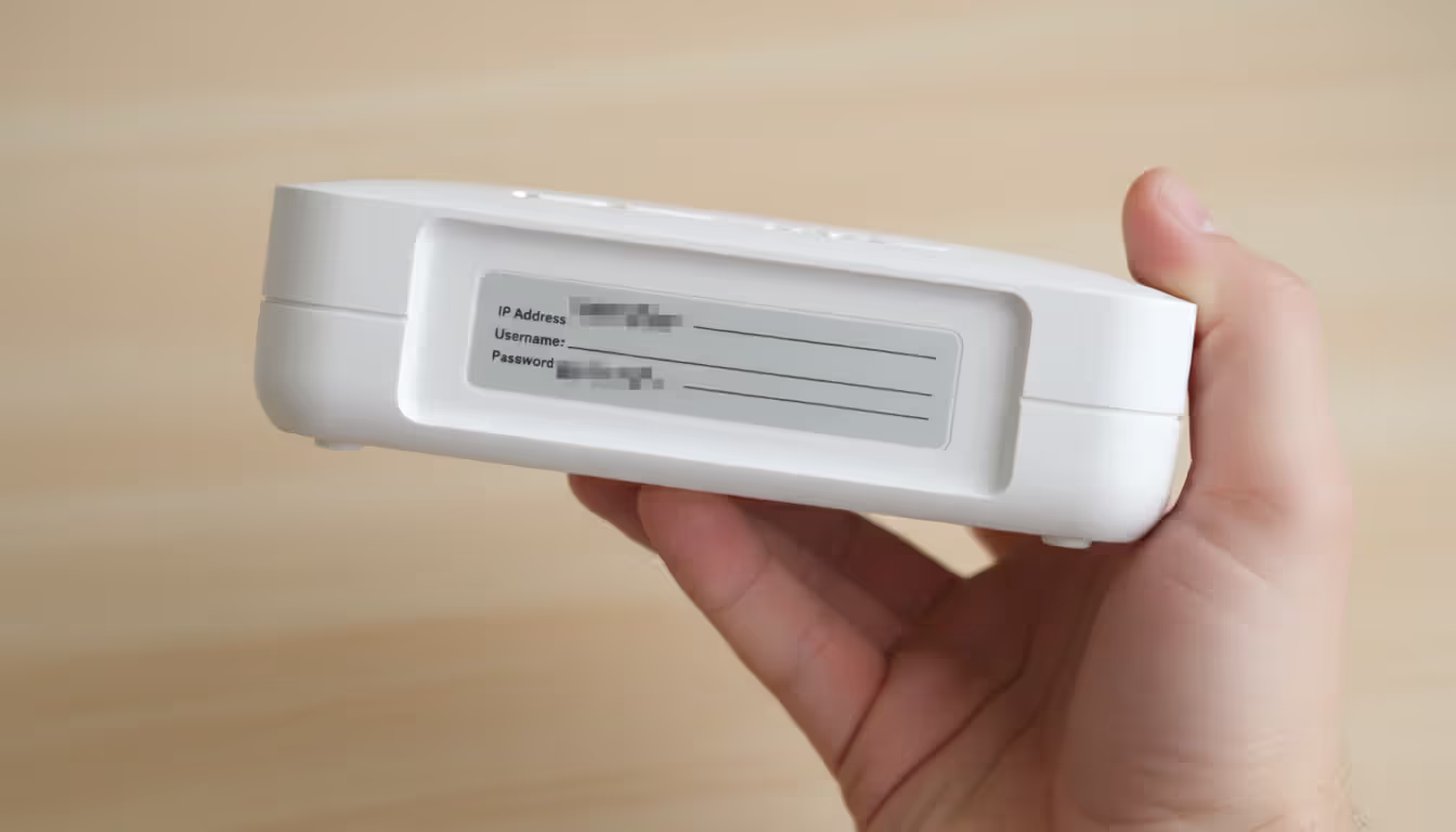 A person holding a white WiFi router upside down showing the sticker label with blurred login credentials on a light desk