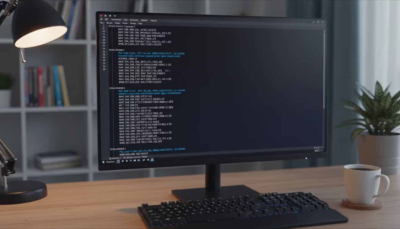 A computer monitor displaying a dark command prompt window with network scan results showing IP and MAC addresses on a home office desk with a coffee mug