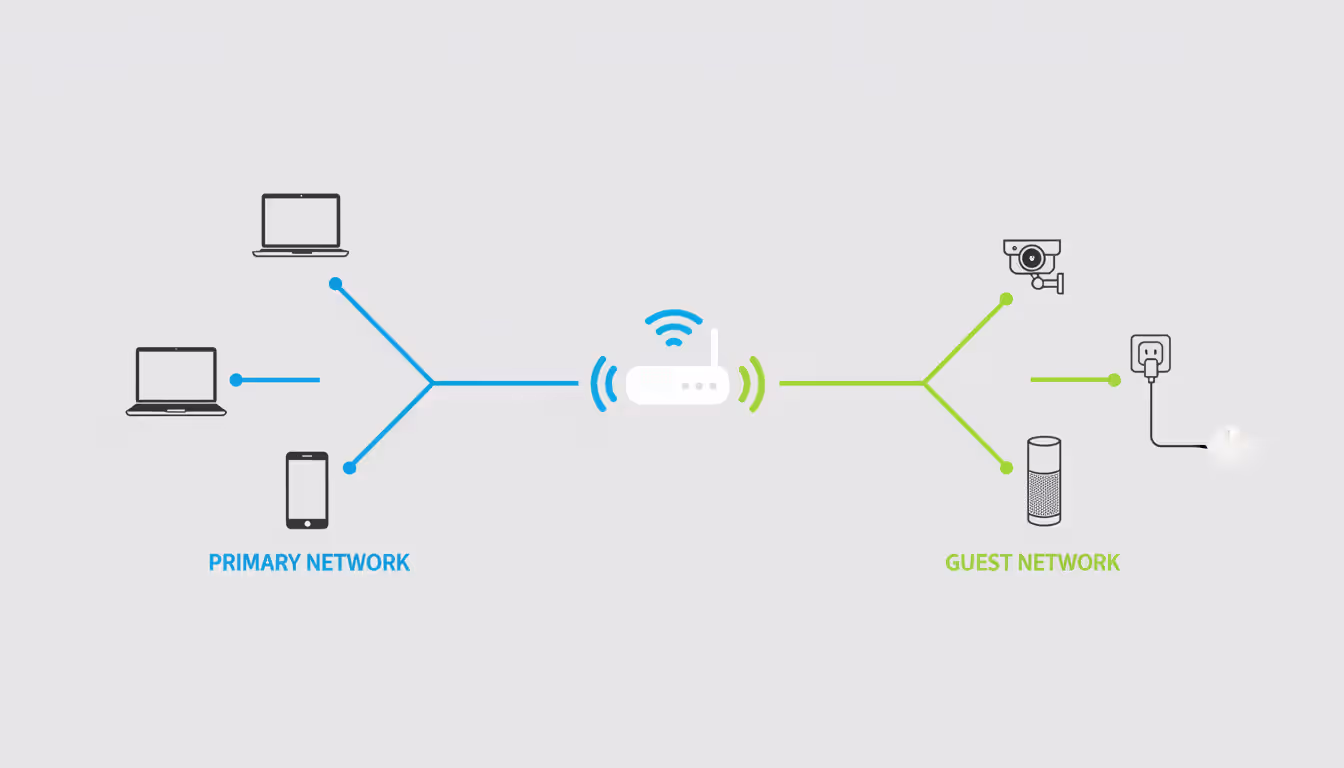 A flat-style infographic showing a home network split into two segments from a central router — a main network branch with laptop, phone, and tablet, and a guest network branch with smart camera, speaker, and plug, color-coded in blue and green on a light background