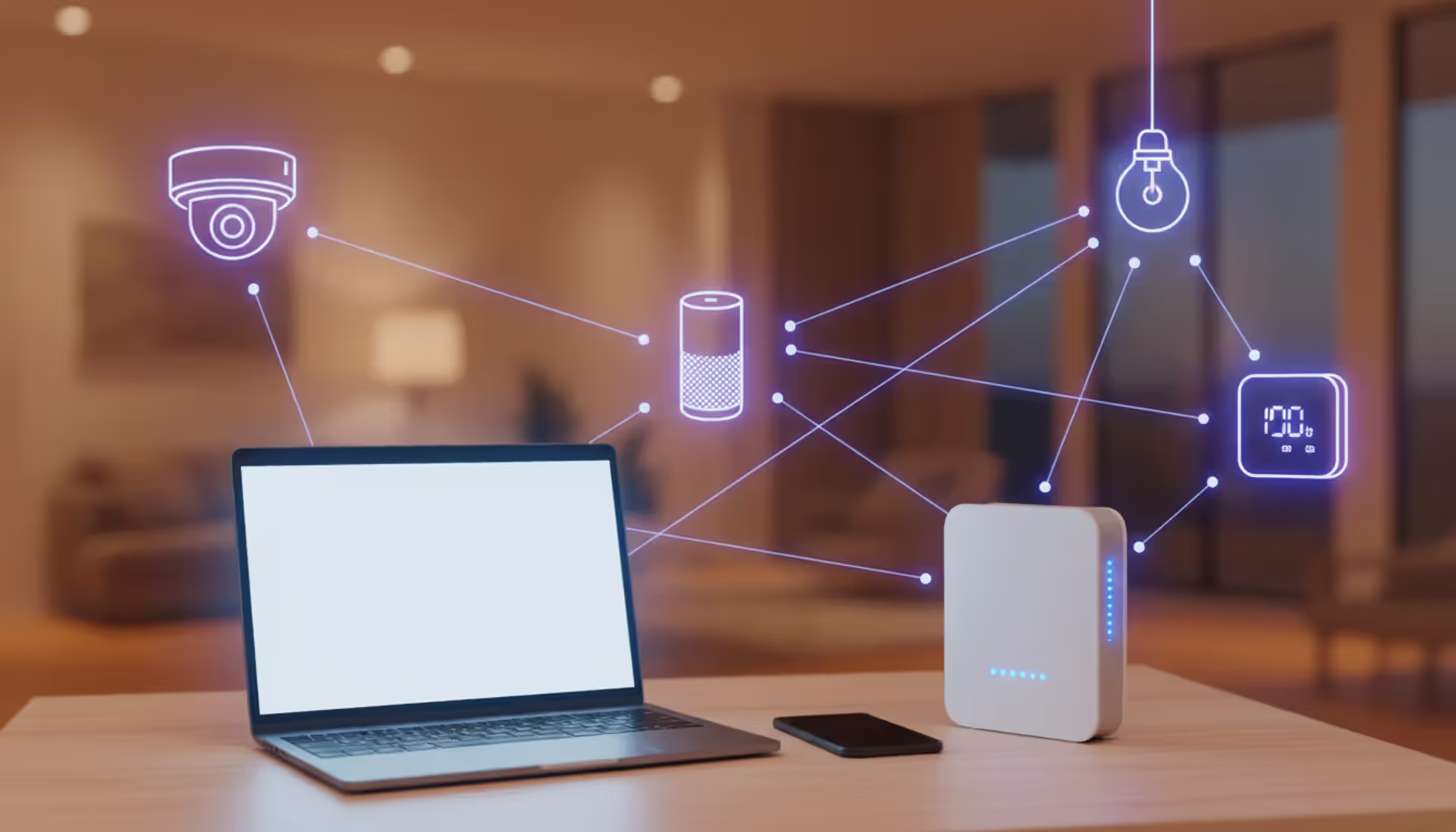A modern home desk with an open laptop, smartphone, and WiFi router surrounded by faintly glowing outlines of smart home devices connected by light network lines in warm evening lighting