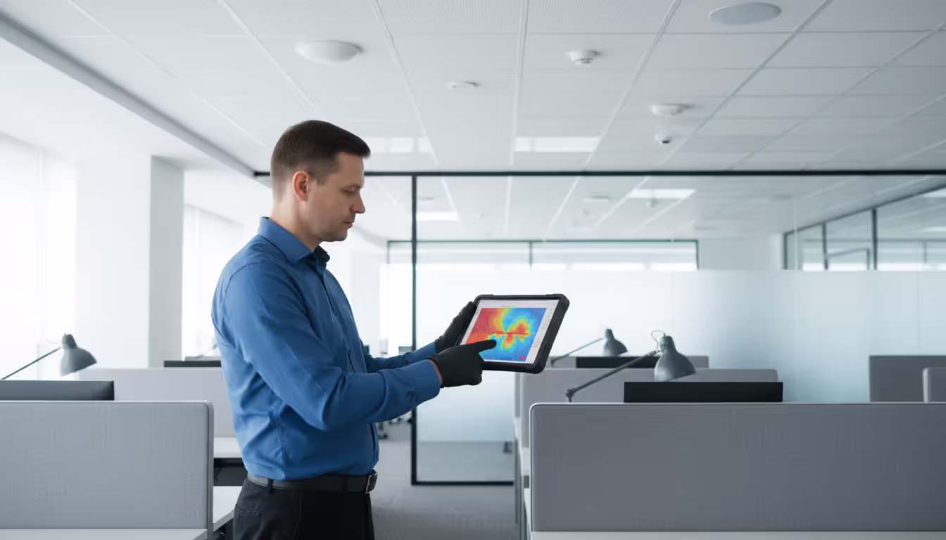 Network engineer holding portable wireless analyzer device showing Wi-Fi signal heatmap in an office environment with ceiling-mounted access points