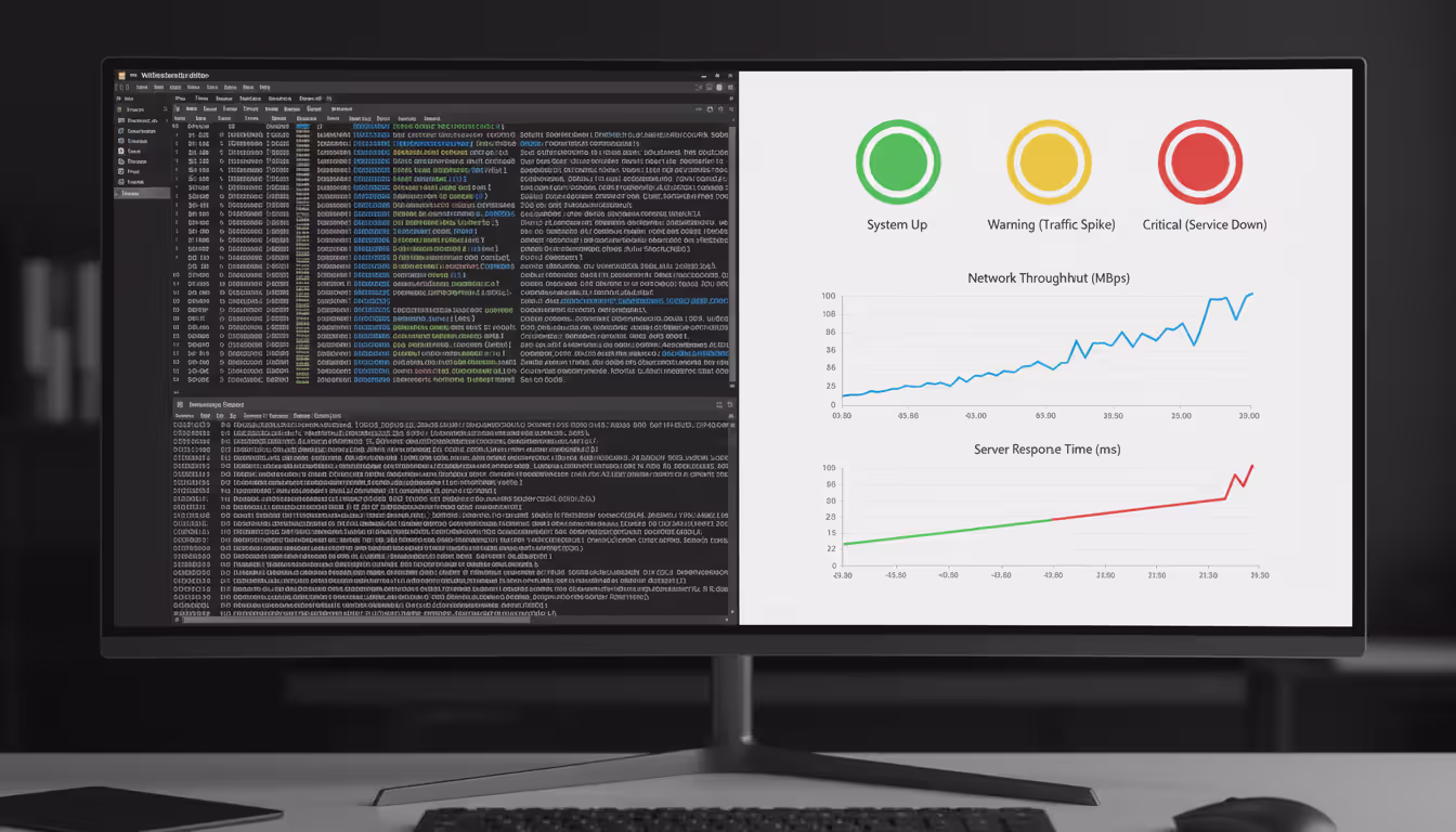 Split screen comparison showing detailed Wireshark packet analysis interface on the left and simplified enterprise monitoring dashboard with color-coded status indicators on the right