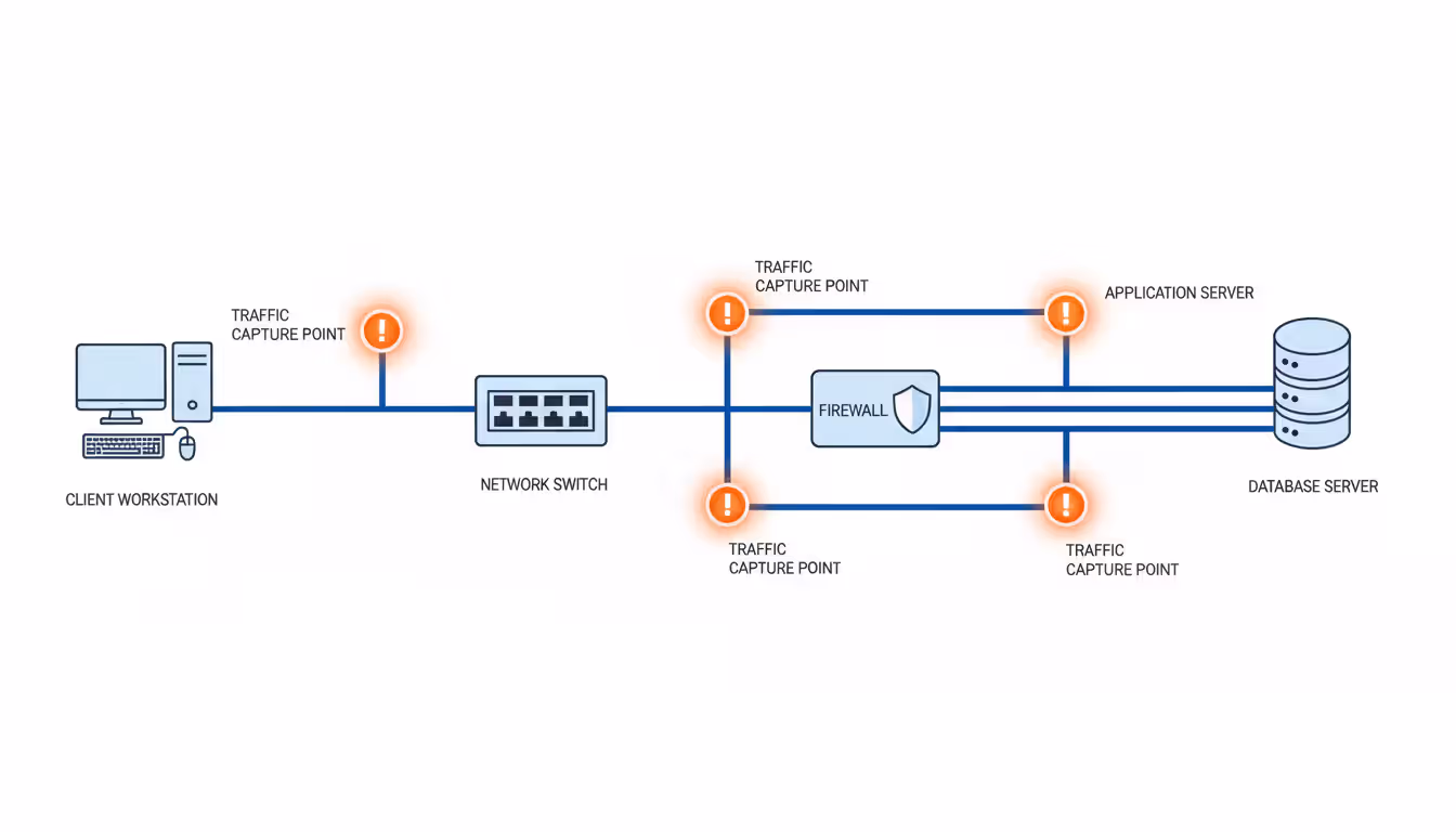 Network topology diagram showing optimal packet capture points between client, switch, firewall, application server and database server with highlighted tap locations