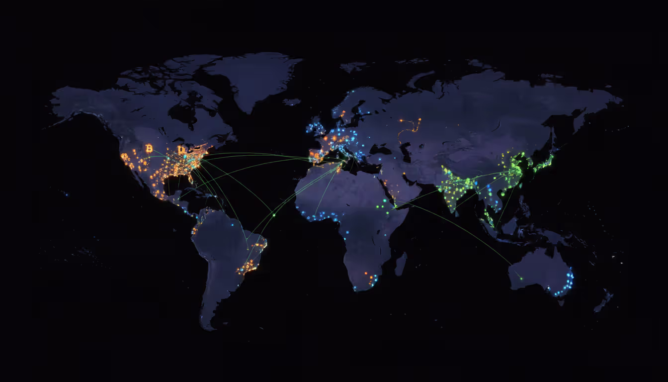 Dark world map showing global distribution of peer-to-peer network nodes with glowing connection lines between cities across North America, Europe and East Asia