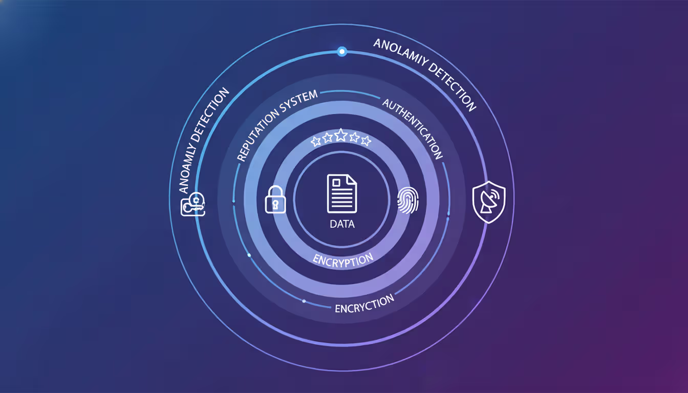 Concentric security layers diagram for peer-to-peer networks showing data protection through encryption, authentication, reputation systems and anomaly detection shields