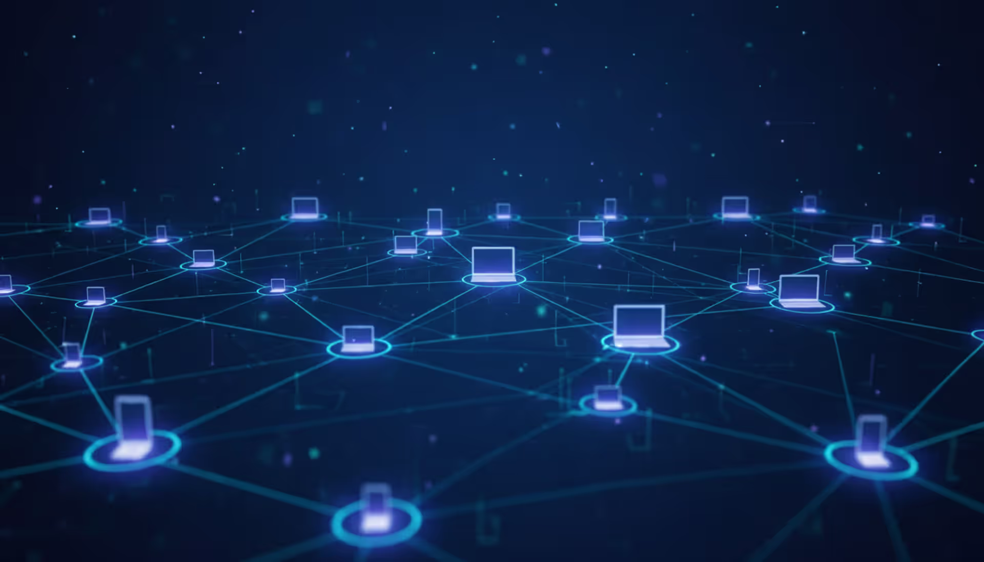 Abstract decentralized peer-to-peer network with glowing interconnected nodes representing laptops, smartphones and desktop computers on a dark blue gradient background