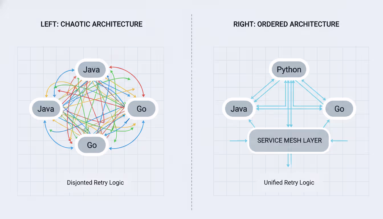 Comparison diagram showing chaotic direct service-to-service communication versus organized traffic flow through a service mesh layer