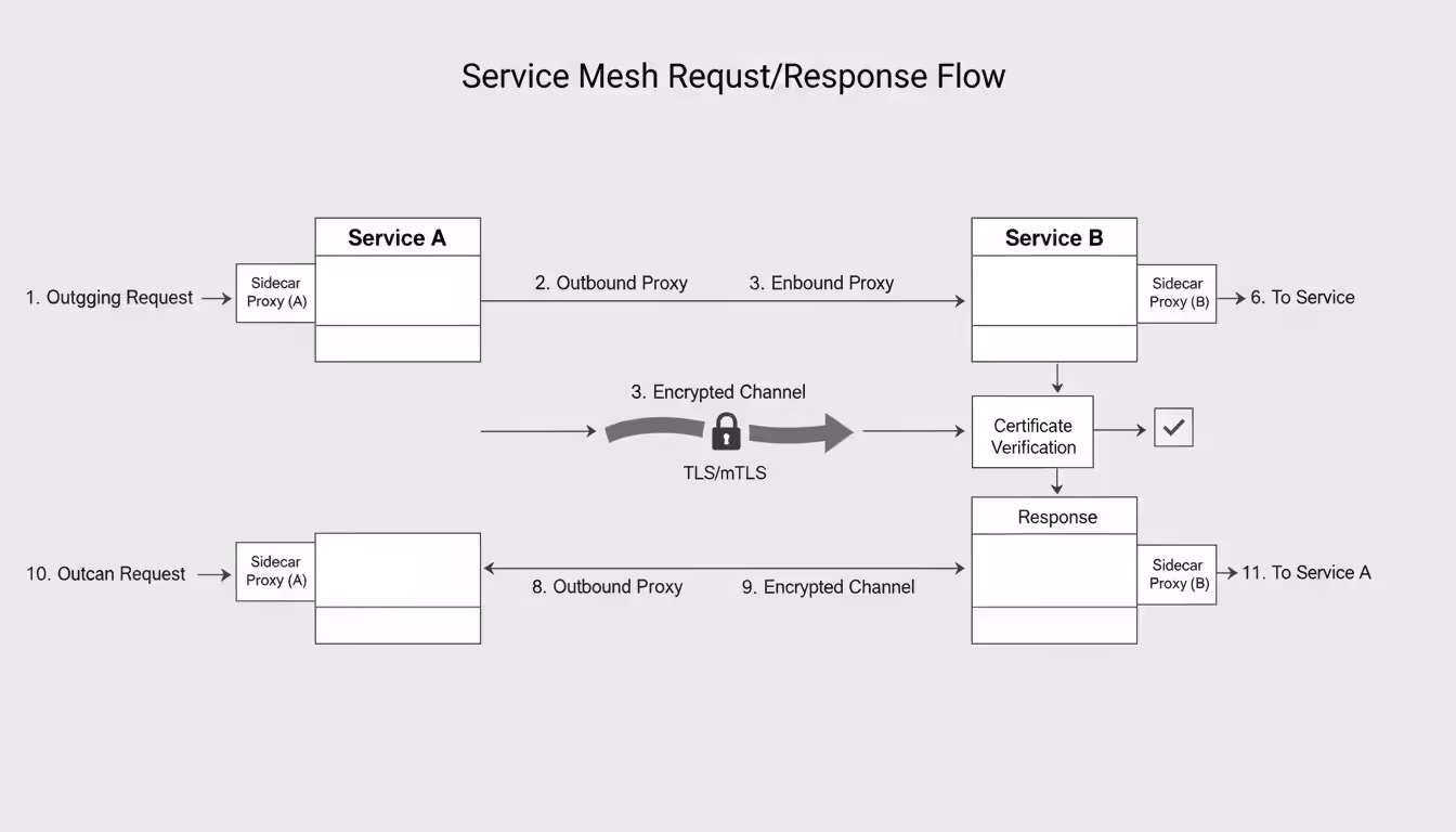 Step-by-step diagram showing request flow between two microservices through sidecar proxies with mutual TLS encryption in a service mesh