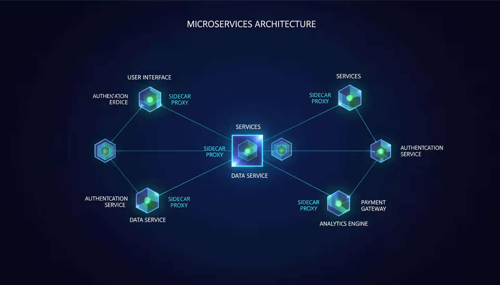 Abstract visualization of a service mesh network with interconnected microservice nodes and sidecar proxies on a dark blue gradient background