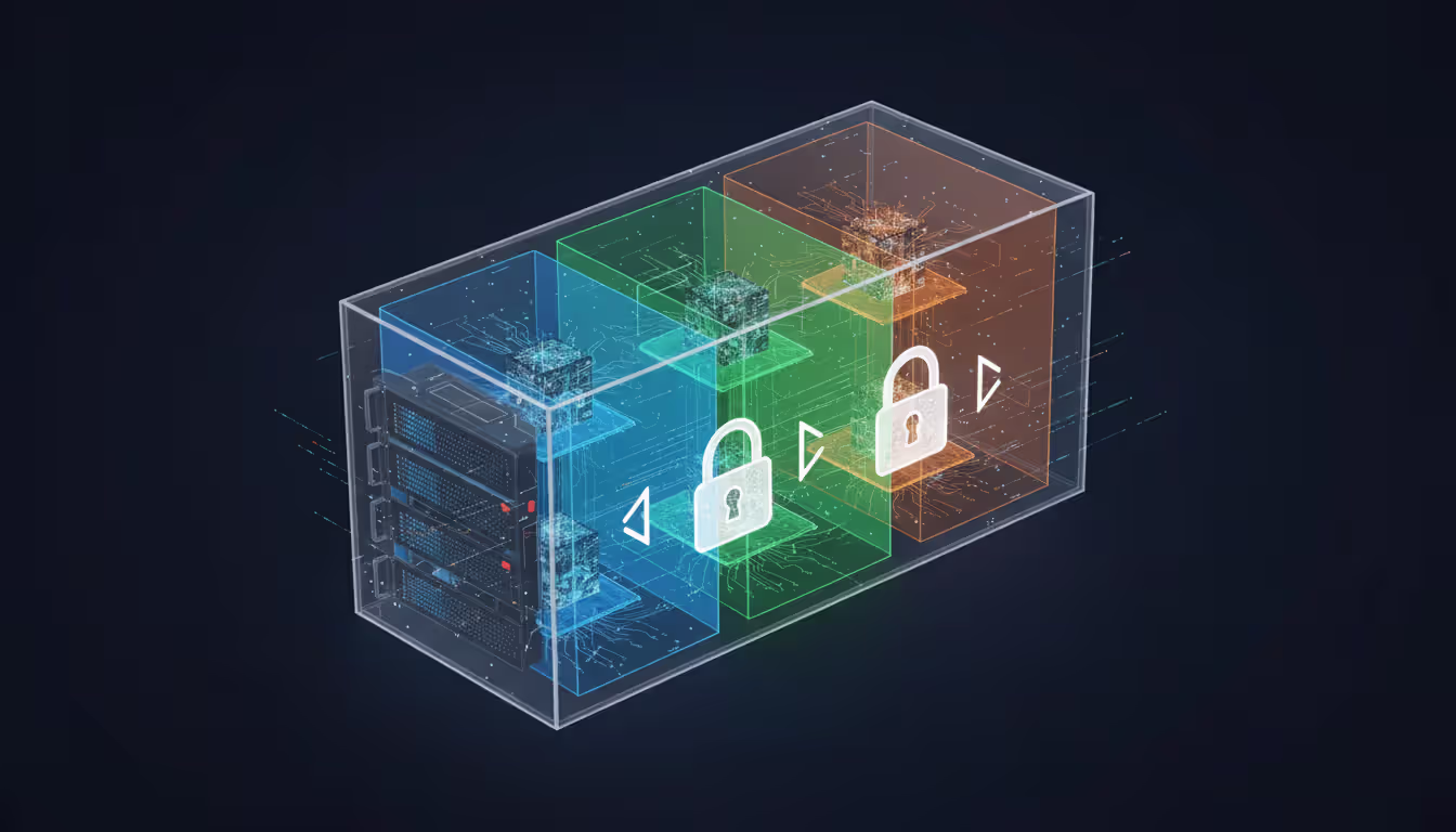 3D diagram of physical server containing multiple isolated virtual private clouds separated by glowing security barriers