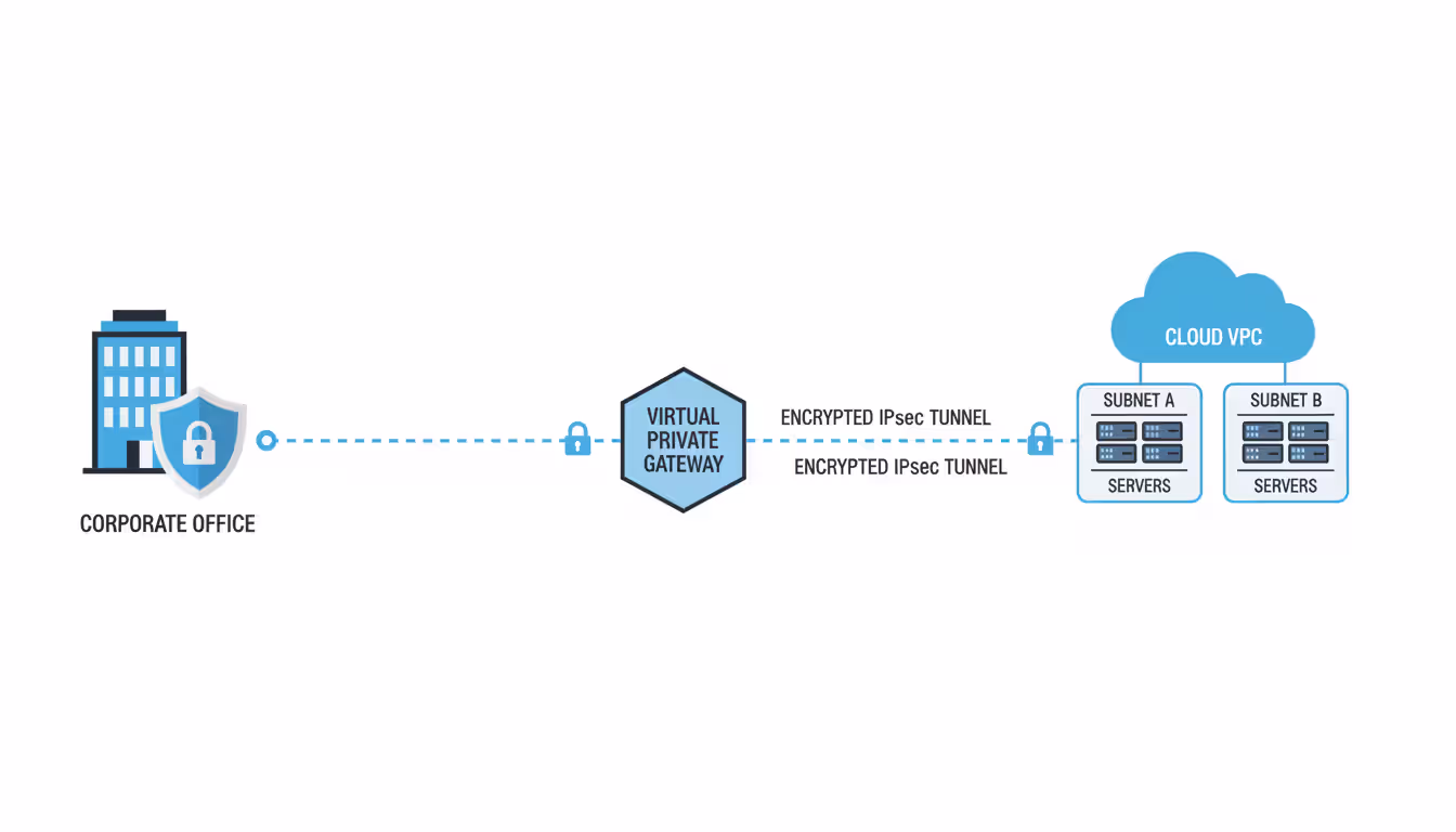 Network architecture diagram showing corporate office connected to cloud VPC through encrypted IPsec VPN tunnels via virtual private gateway