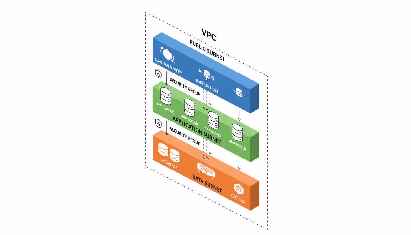Isometric three-tier VPC architecture diagram with public subnet load balancer, private application subnet, and private data subnet separated by security groups