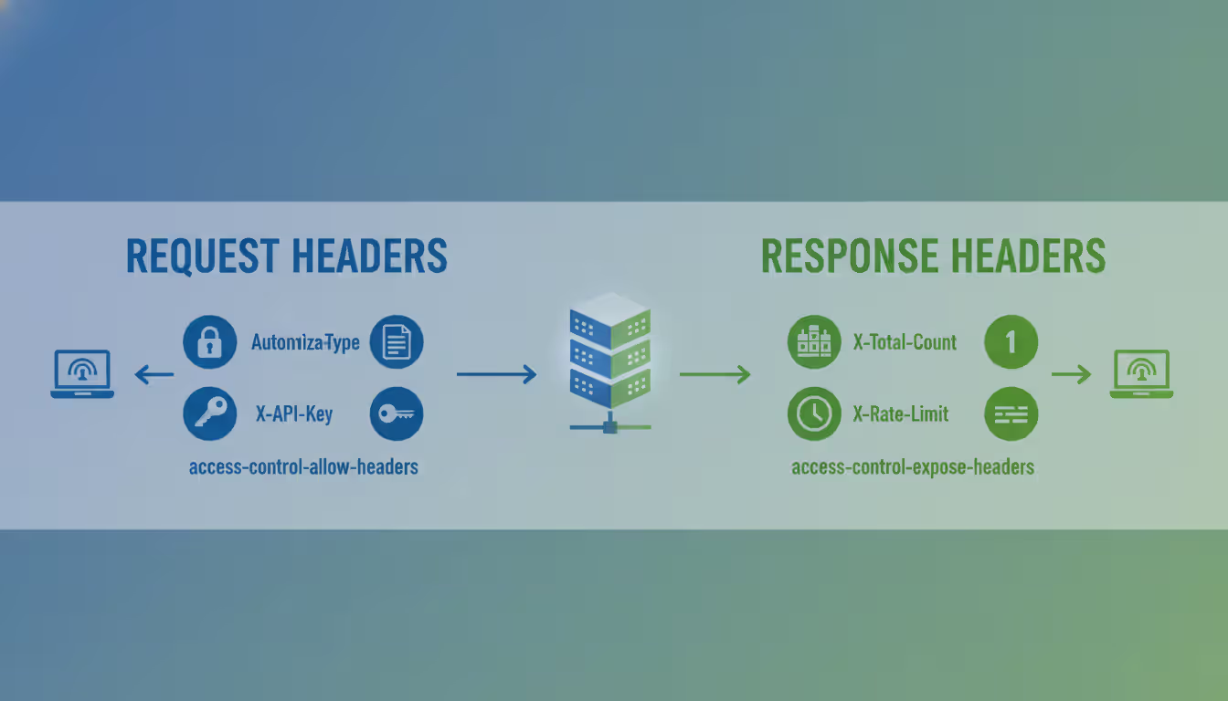 Infographic showing the difference between access-control-allow-headers for requests and access-control-expose-headers for responses with server in the center