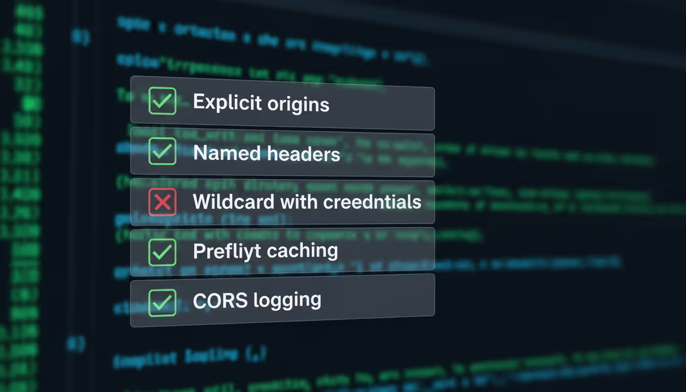 Security best practices checklist for CORS configuration with green checkmarks and red crosses on a dark code background