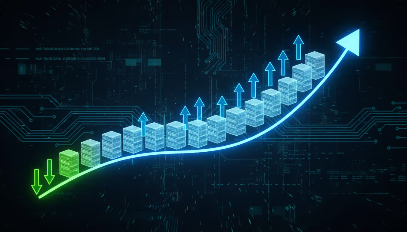 Abstract visualization of cloud auto-scaling with glowing server nodes dynamically multiplying along a rising demand curve with up and down arrows on a dark tech background