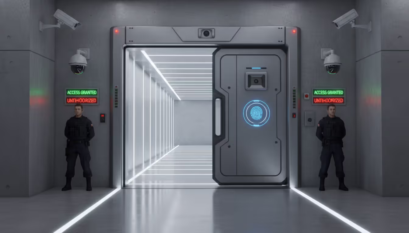 High-security cloud data center entrance with biometric scanner on reinforced door, surveillance cameras, LED access indicators, and a sterile controlled-access corridor