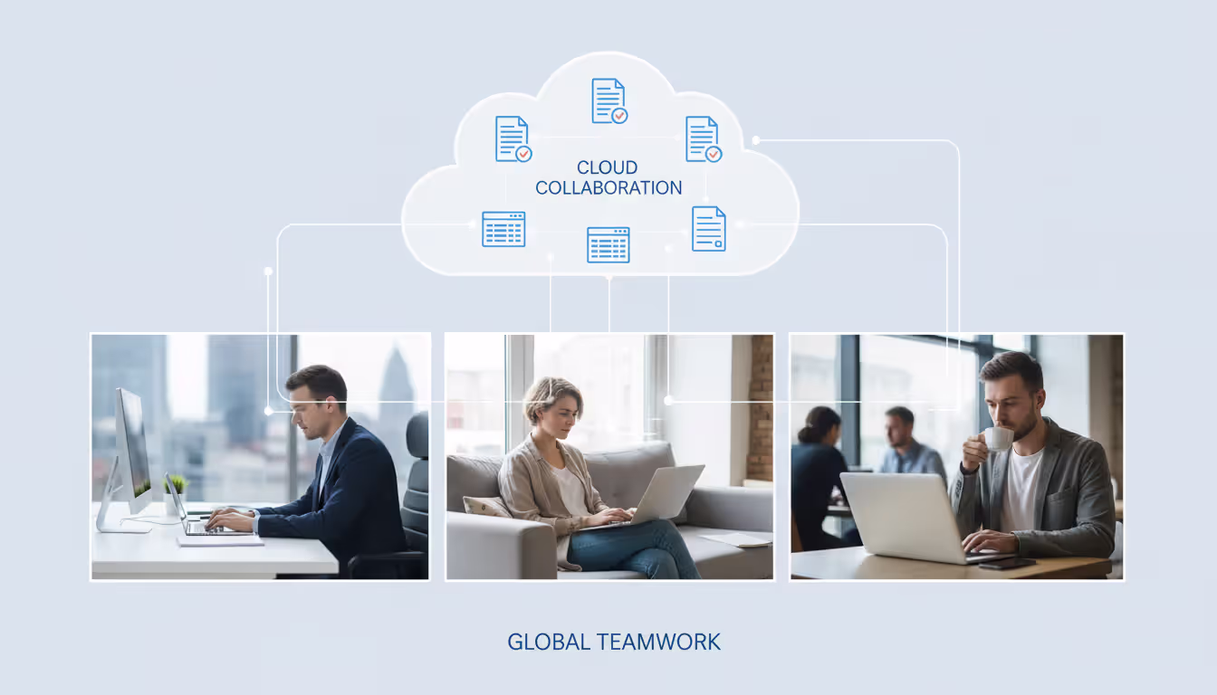 Distributed team members working from different locations including office, home, and cafe, connected through a shared cloud workspace with synchronized document icons above them