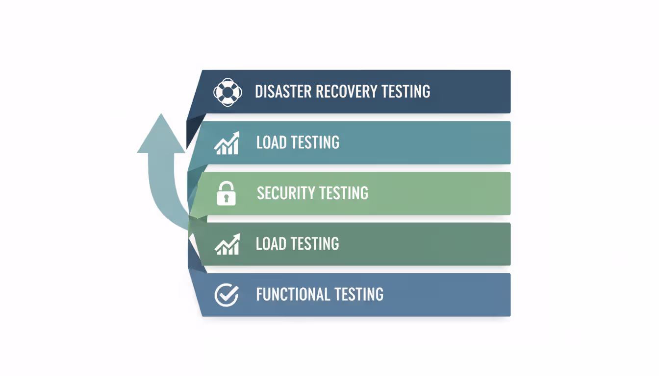 Layered testing framework visualization showing four levels: functional testing, performance testing, security testing, and disaster recovery testing with corresponding icons