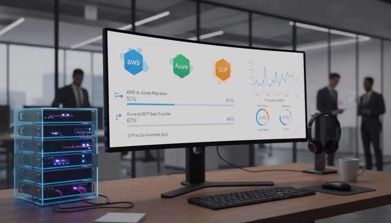 IT specialist workstation displaying a multi-cloud migration dashboard with progress bars and platform icons on the screen