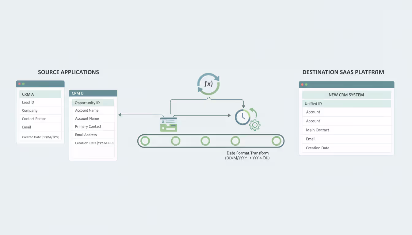Infographic showing SaaS data transformation during migration with field mapping between two CRM application interfaces