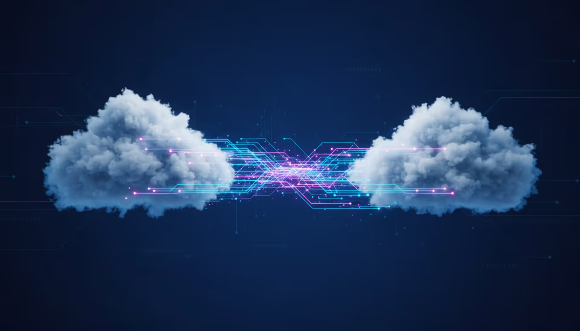 Two stylized 3D cloud icons connected by a glowing stream of data particles on a dark blue digital background representing cloud to cloud migration