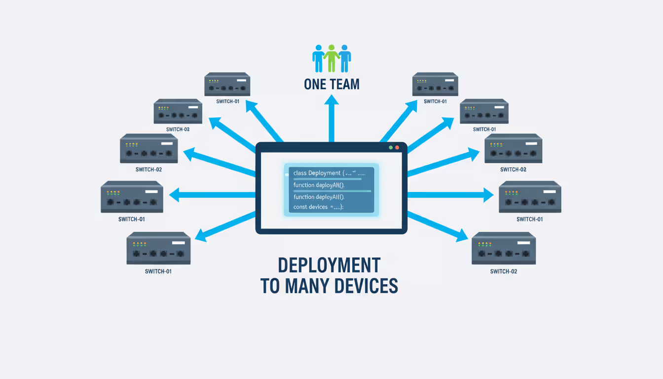 Infographic showing single code block deploying configuration to multiple network switches via arrows, flat design on light background