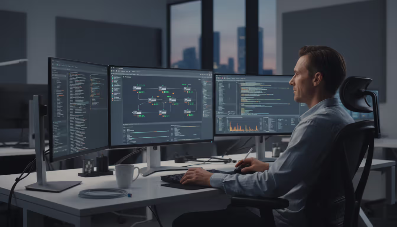 Network engineer at desk with multiple monitors showing monitoring dashboard with green and orange status indicators and terminal with collected logs