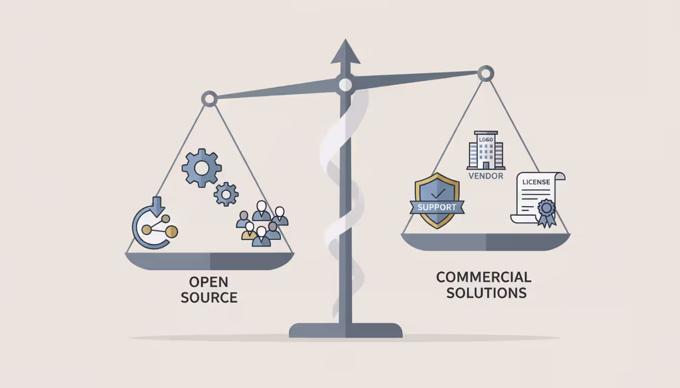 Balance scale comparing open-source tools with community icons on one side and commercial platform icons with vendor support shield on the other, balanced position, clean business illustration style
