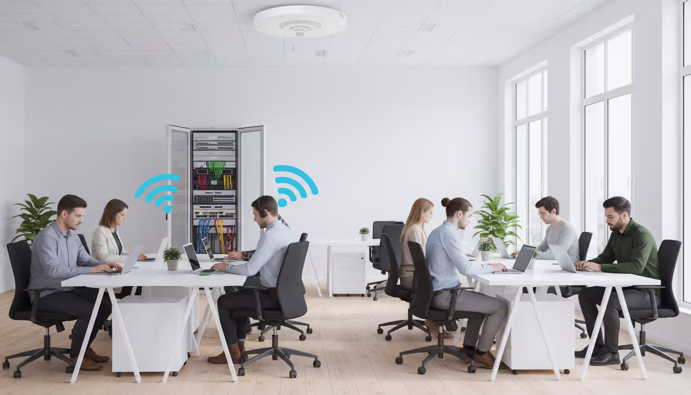 Modern open-plan office with ceiling-mounted enterprise Wi-Fi access point, employees working on laptops and tablets, network cabinet with switches visible in background
