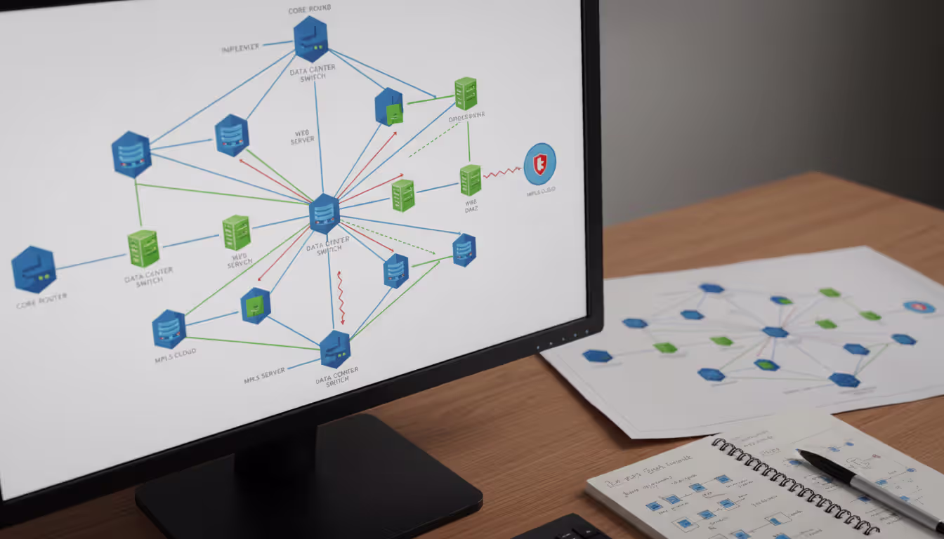 Close-up of monitor screen displaying detailed network topology diagram with router, switch, server, and firewall icons connected by colored lines, printed network schematic on desk nearby