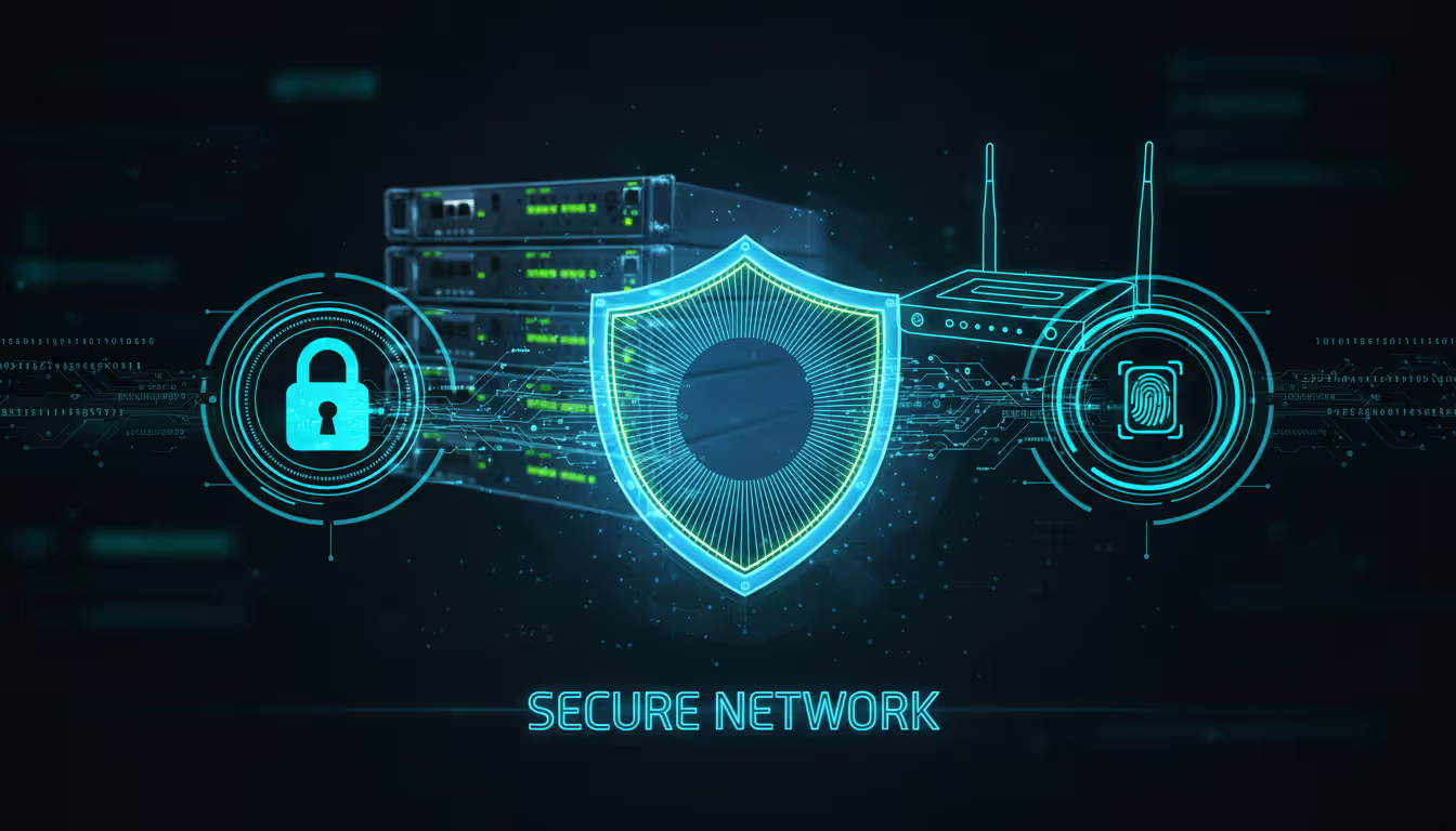 Digital shield protecting network infrastructure with lock icons, encrypted data streams, multi-factor authentication symbols, dark background with blue and green neon accents