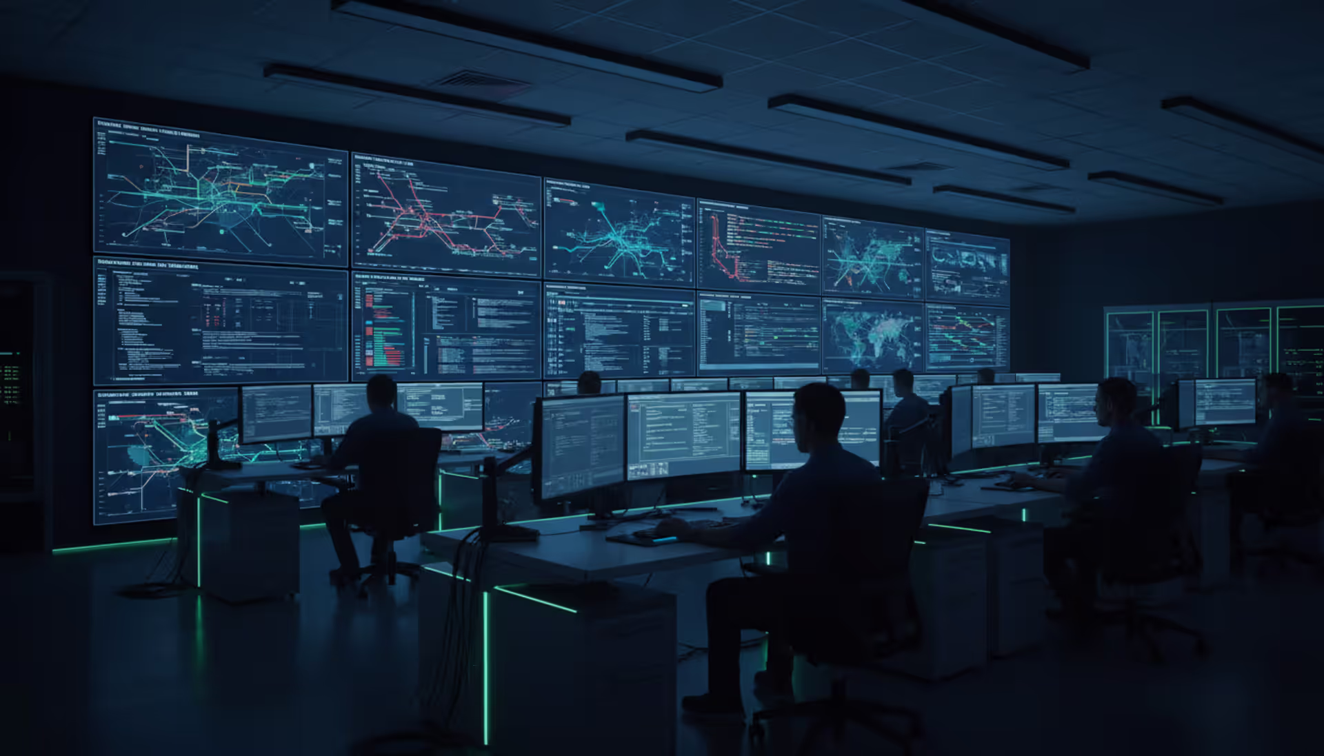 Modern network operations center with large wall-mounted screens displaying network performance graphs, topology maps, and status indicators in a dark room with blue and green ambient lighting