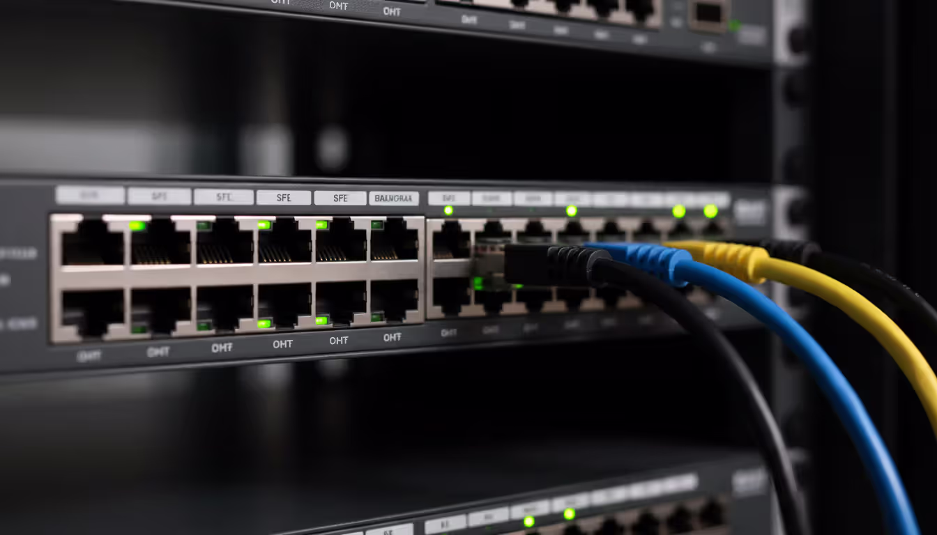 Close-up front panel view of an enterprise network switch with active and inactive port LED indicators and connected Ethernet cables