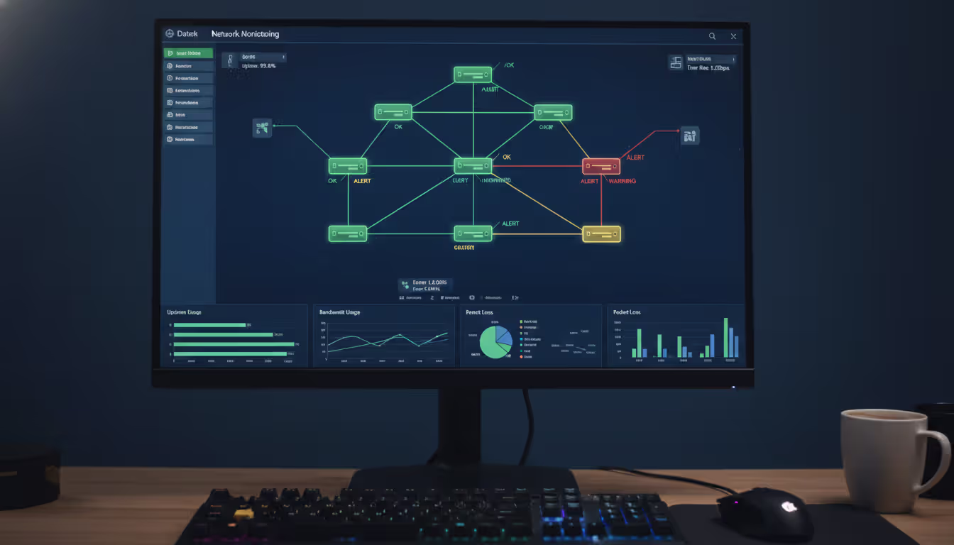 Computer monitor displaying network monitoring dashboard with topology map showing switch nodes and color-coded status indicators at a network engineer workstation