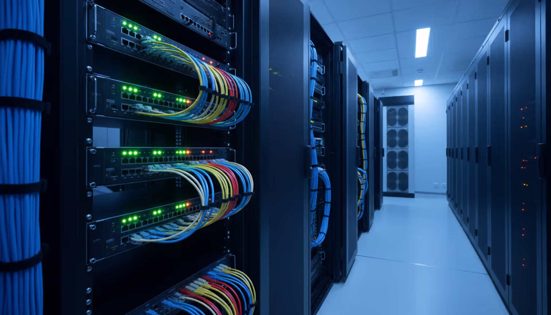 Enterprise server room rack with multiple network switches showing LED port indicators and neatly organized patch cables in blue ambient lighting