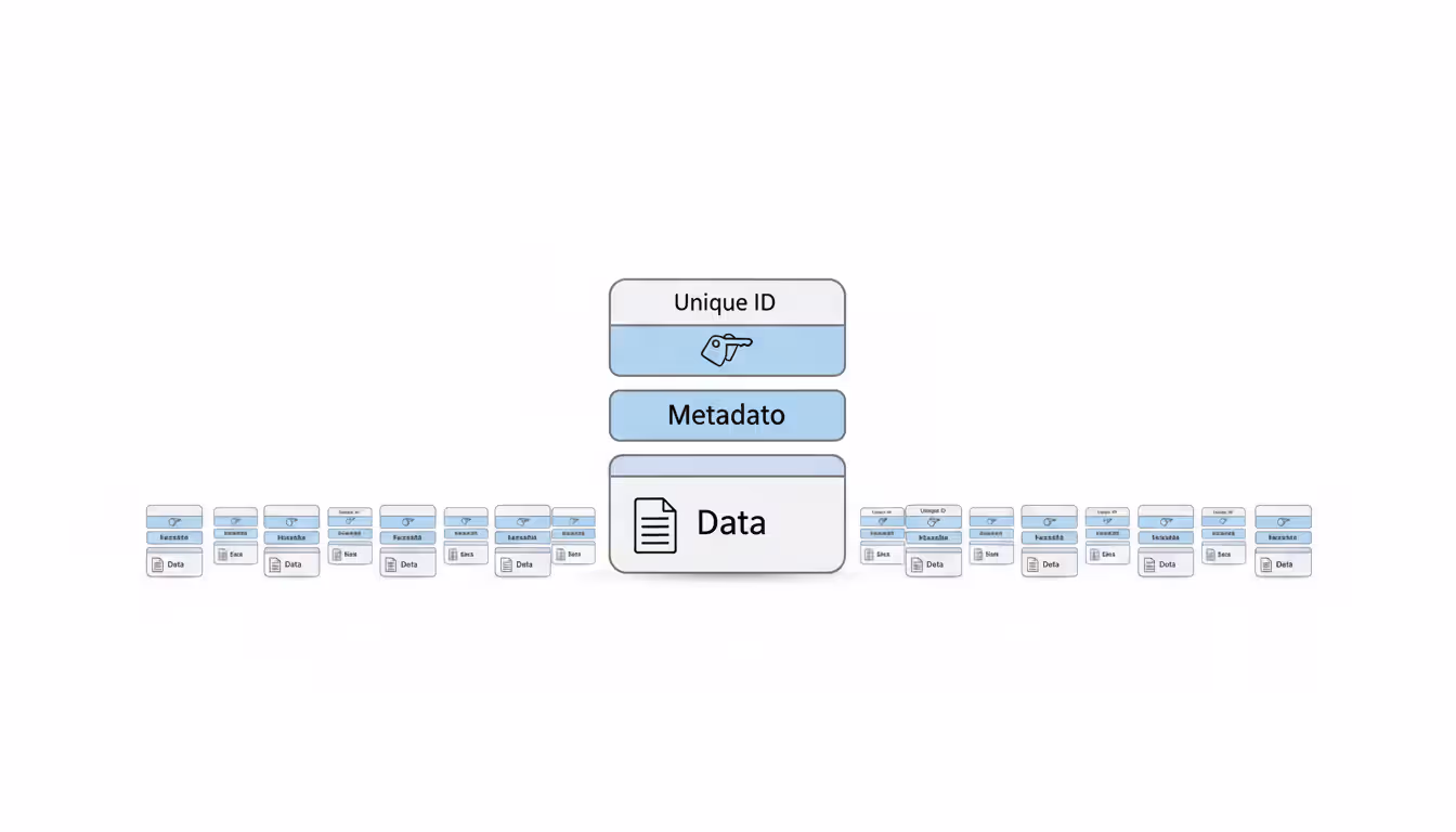 Infographic showing object storage structure with three layers: data, metadata, and unique identifier, surrounded by flat namespace of multiple objects