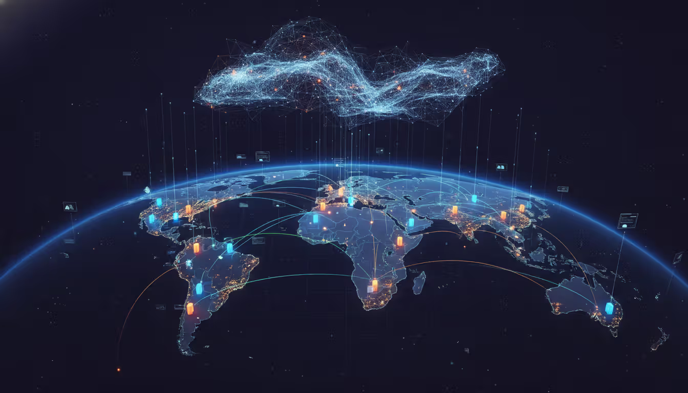 Global logistics network visualization with glowing container tracking points on dark world map sending data streams to cloud storage above