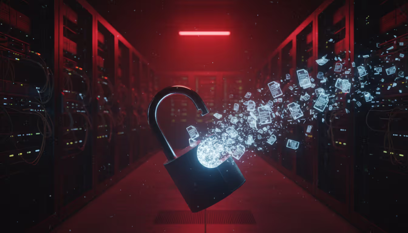 Open padlock in front of server rack with transparent documents spilling out, symbolizing data security misconfiguration, red warning lighting