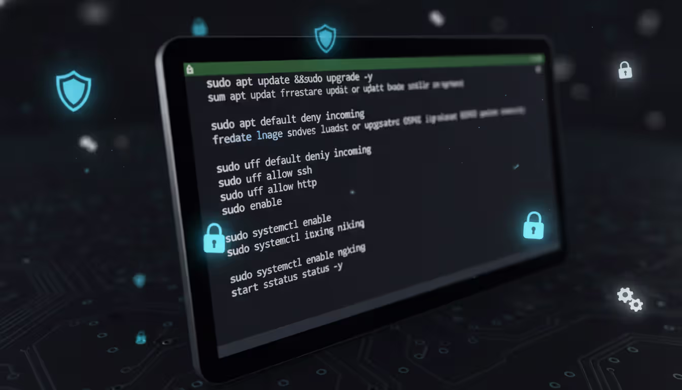 Dark terminal screen showing Linux server configuration commands with security shield, SSH lock, and gear configuration icons around it