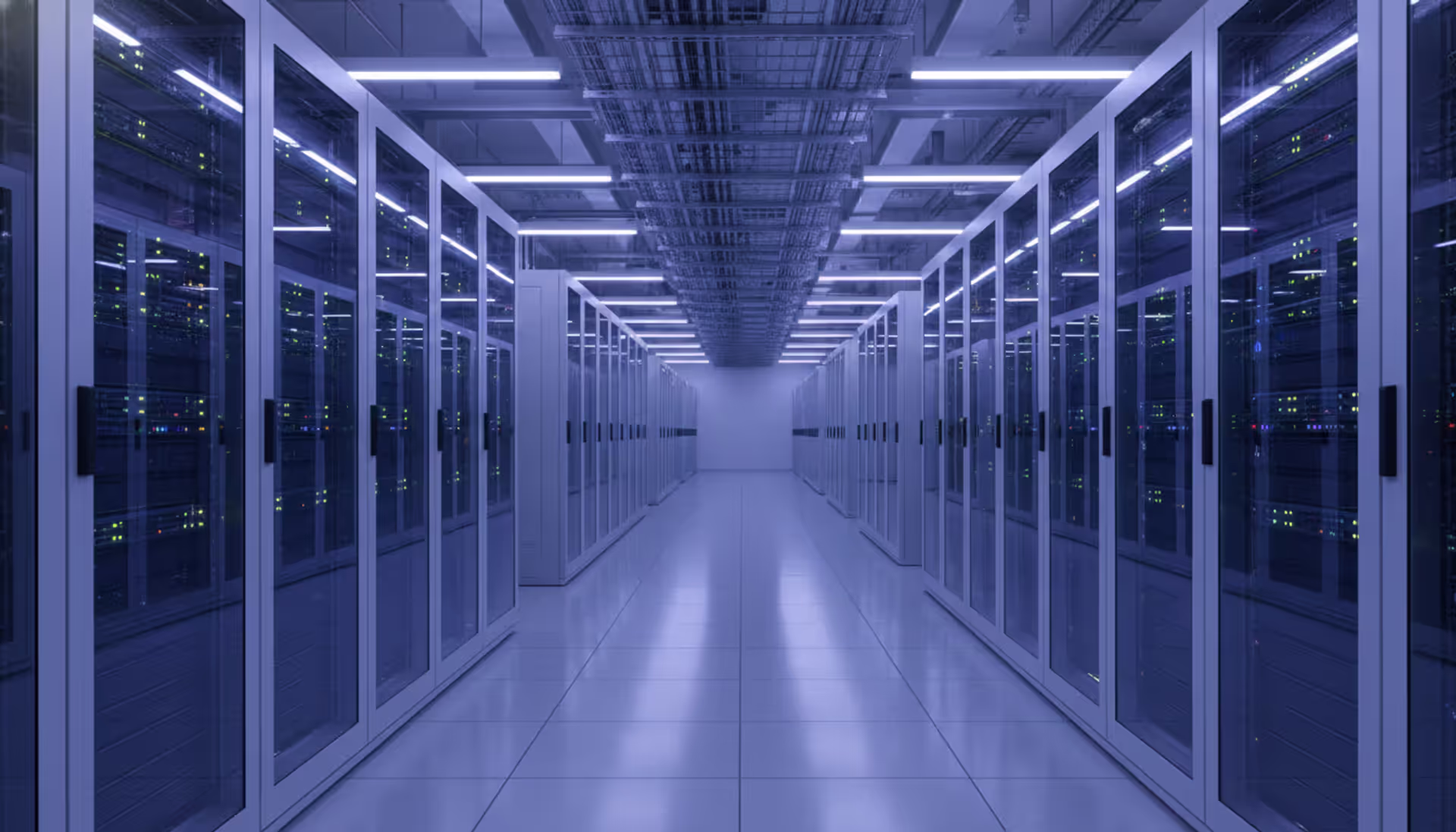 Modern data center interior with rows of illuminated server racks in blue and purple lighting, cable trays on ceiling, clean aisle between rows