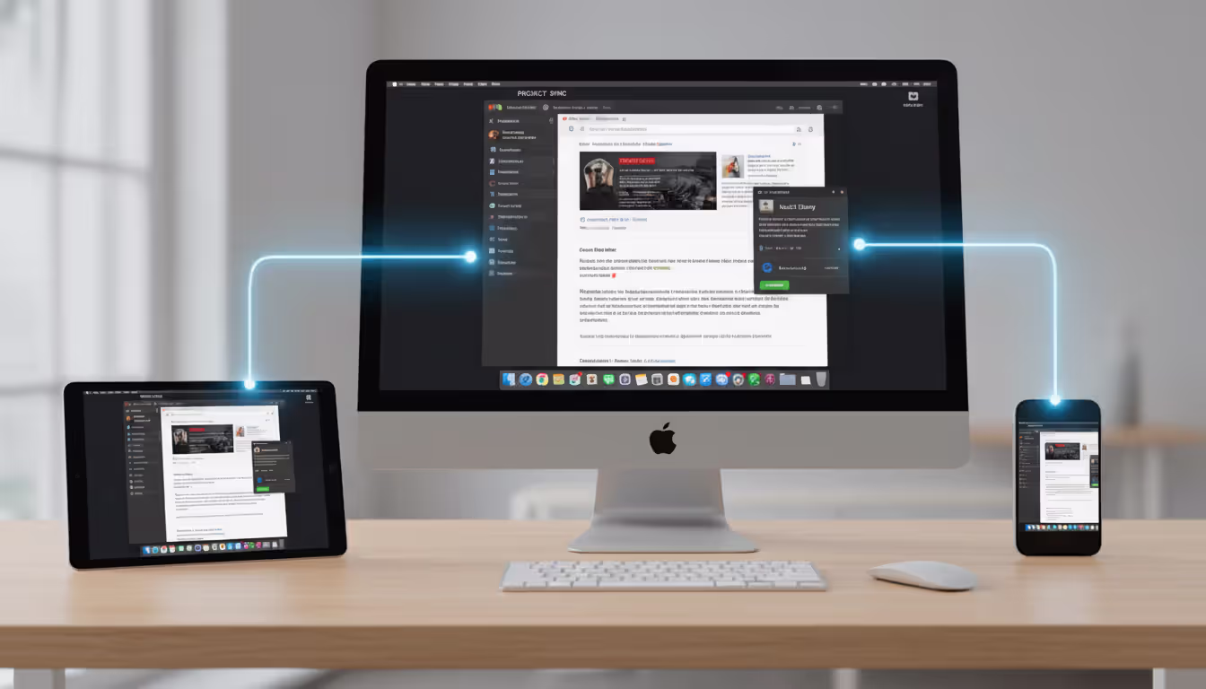 Multiple devices including iMac, iPad, and smartphone all displaying the same remote desktop session simultaneously