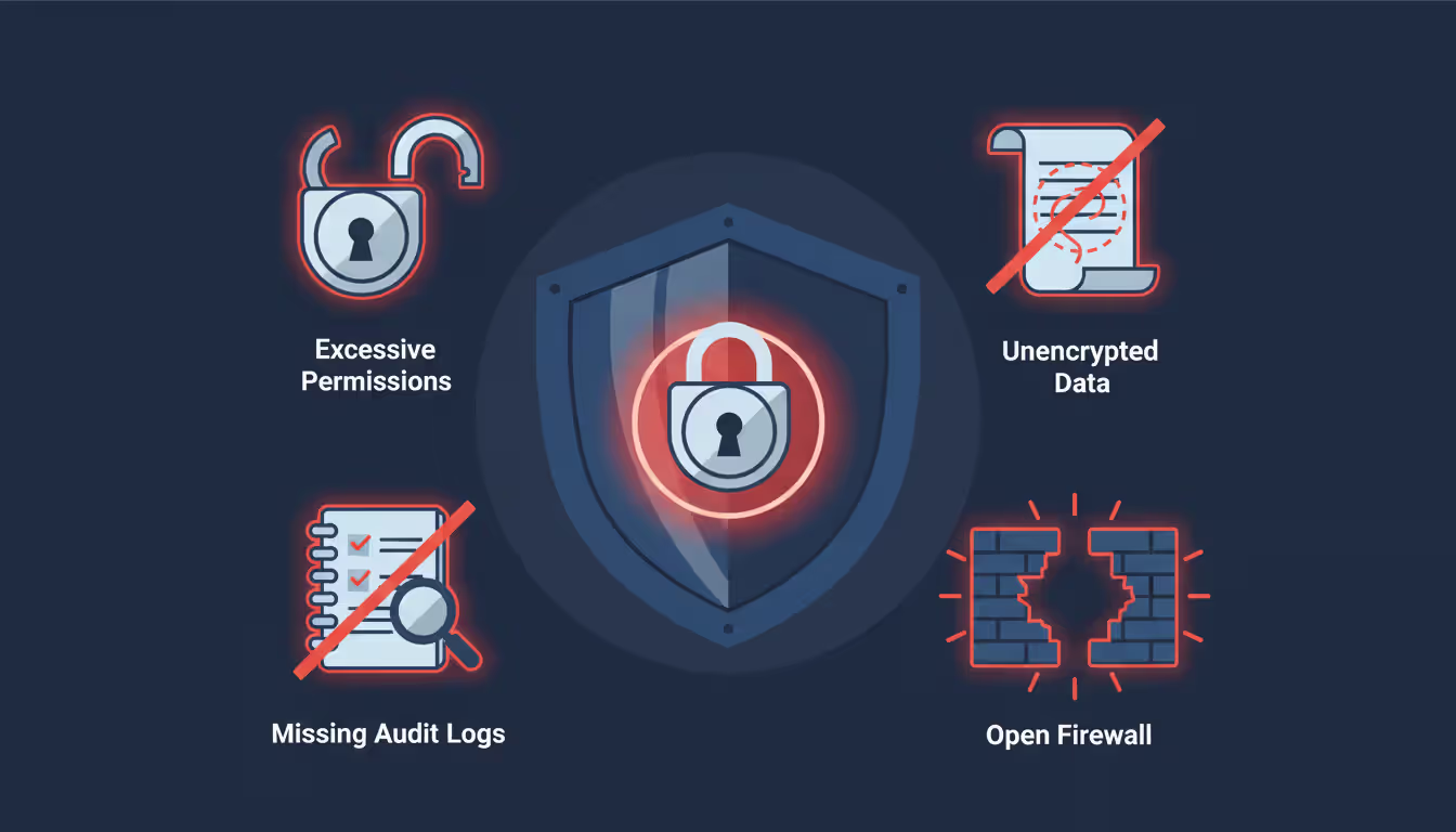 Cloud security shield icon surrounded by common vulnerability icons including open lock unencrypted data open firewall and missing audit log