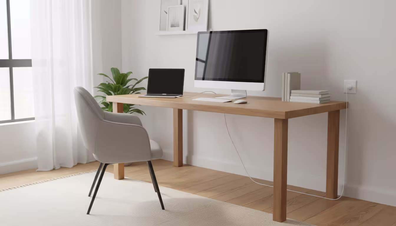Home office setup with Ethernet wall jack and wired network connection to laptop on modern desk