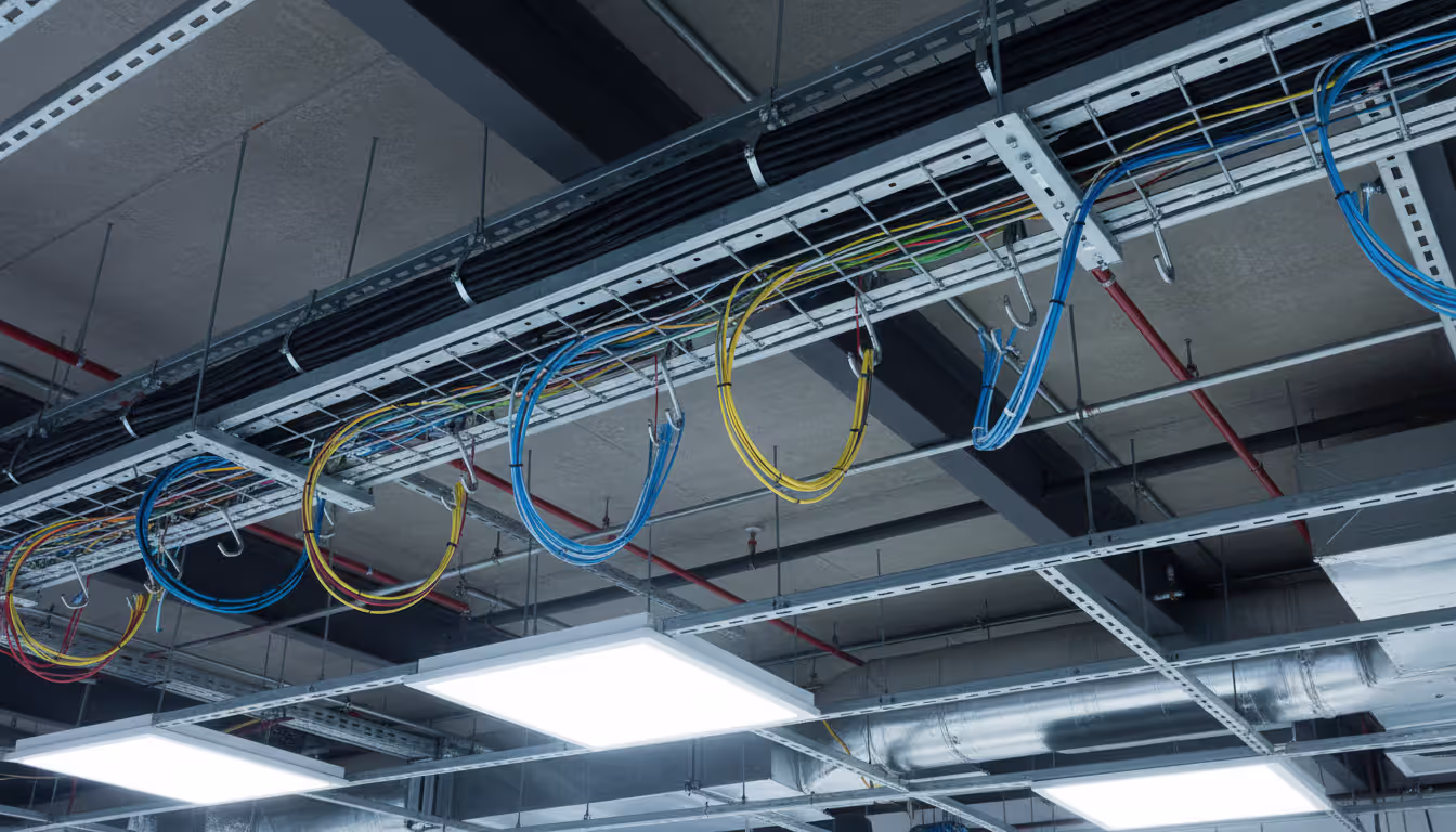 Cable trays and J-hooks supporting organized network cable bundles in commercial building plenum ceiling space