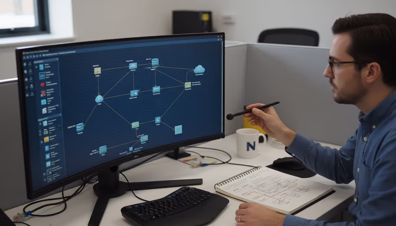 Network engineer at a desk reviewing a logical network topology diagram on a large monitor with handwritten physical diagram notes nearby