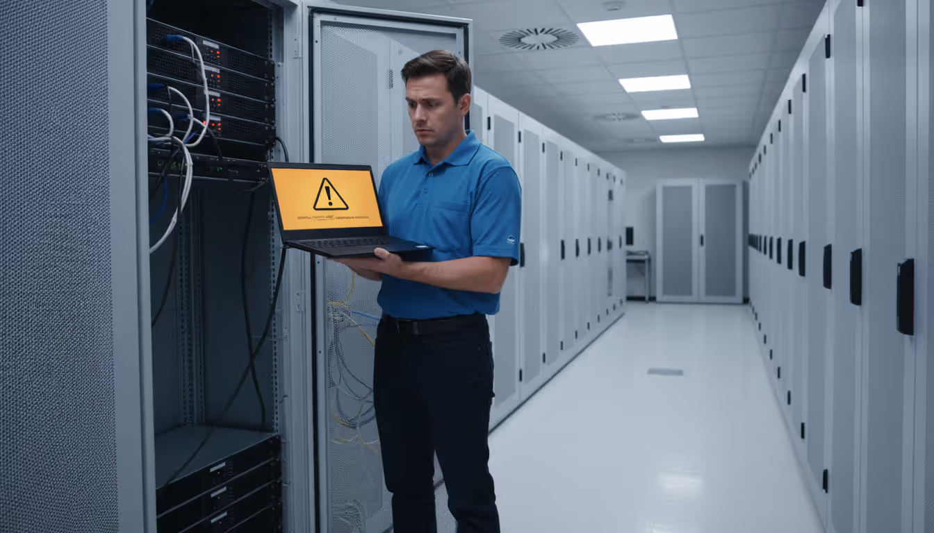 Worried network engineer holding a laptop with a warning alert standing in front of a server rack with a red error indicator light