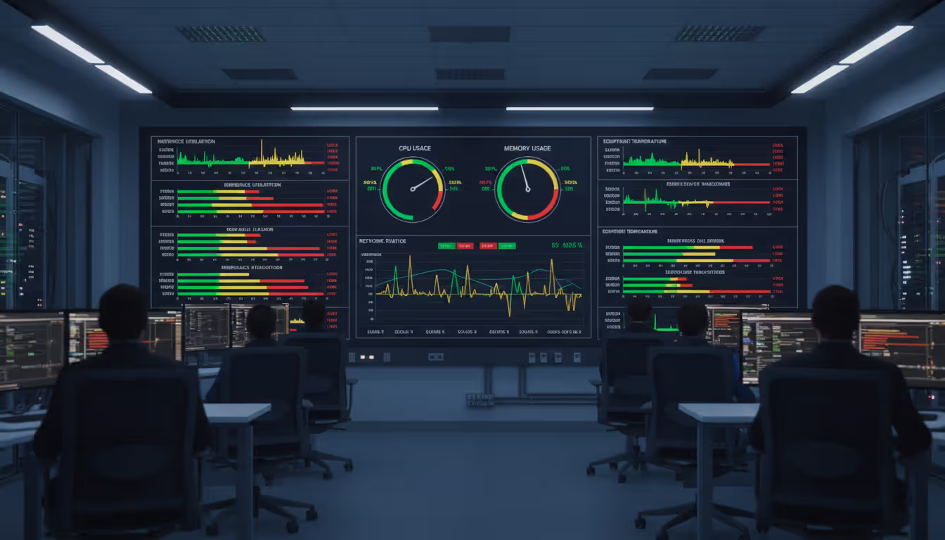 Network operations center with a large wall-mounted monitoring dashboard displaying real-time interface utilization, CPU, memory, and temperature graphs in green, yellow, and red zones